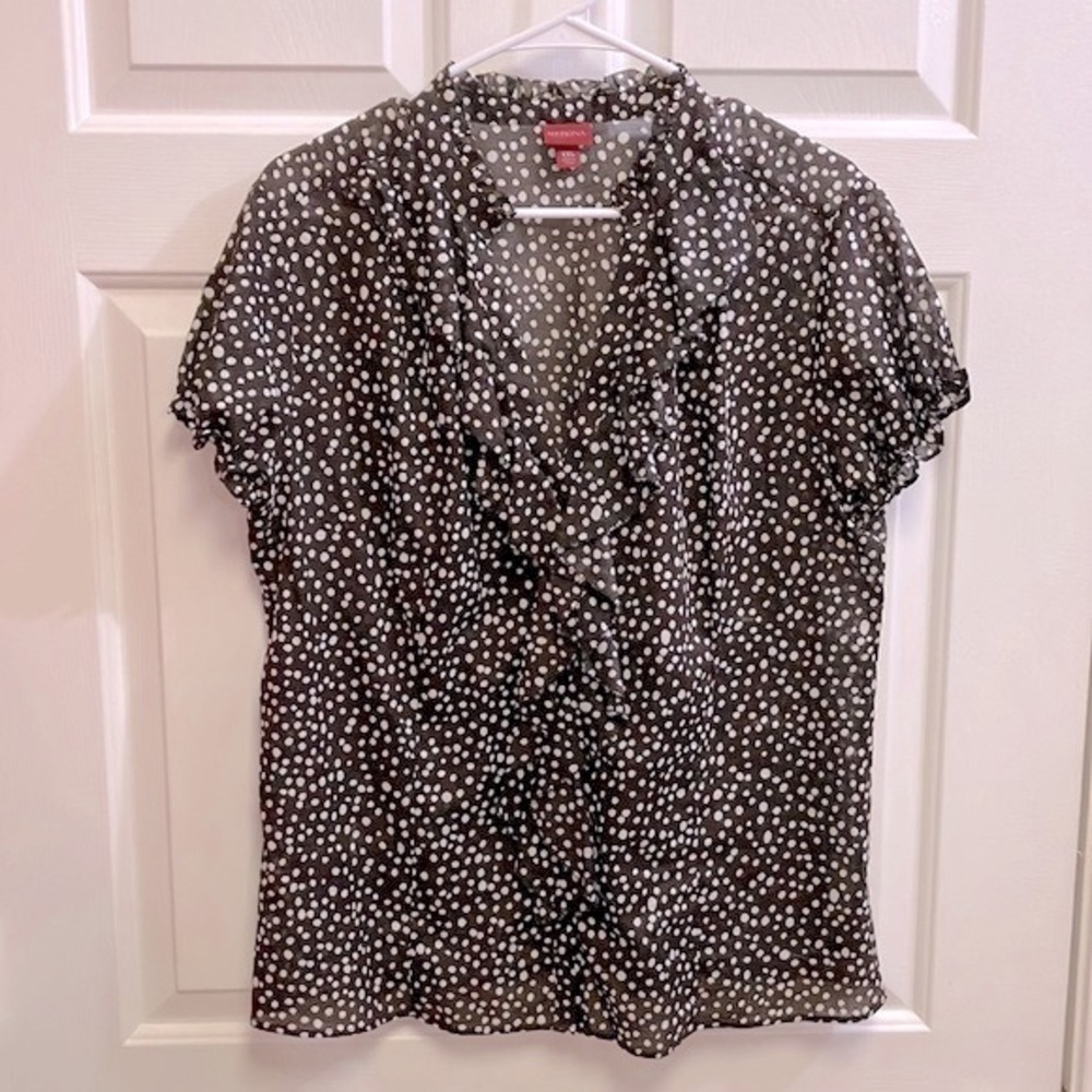 Merona Short-sleeved Button Front Ruffled Brown & White Polka Dot Blouse Sz XXL